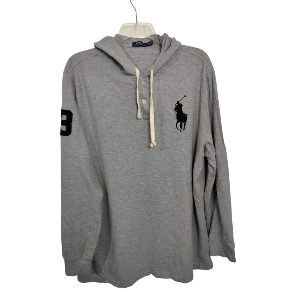 M1176)Polo Ralph Lauren Heather Gray XXL Big Pony Long Sleeve Mesh Henley Hoodie